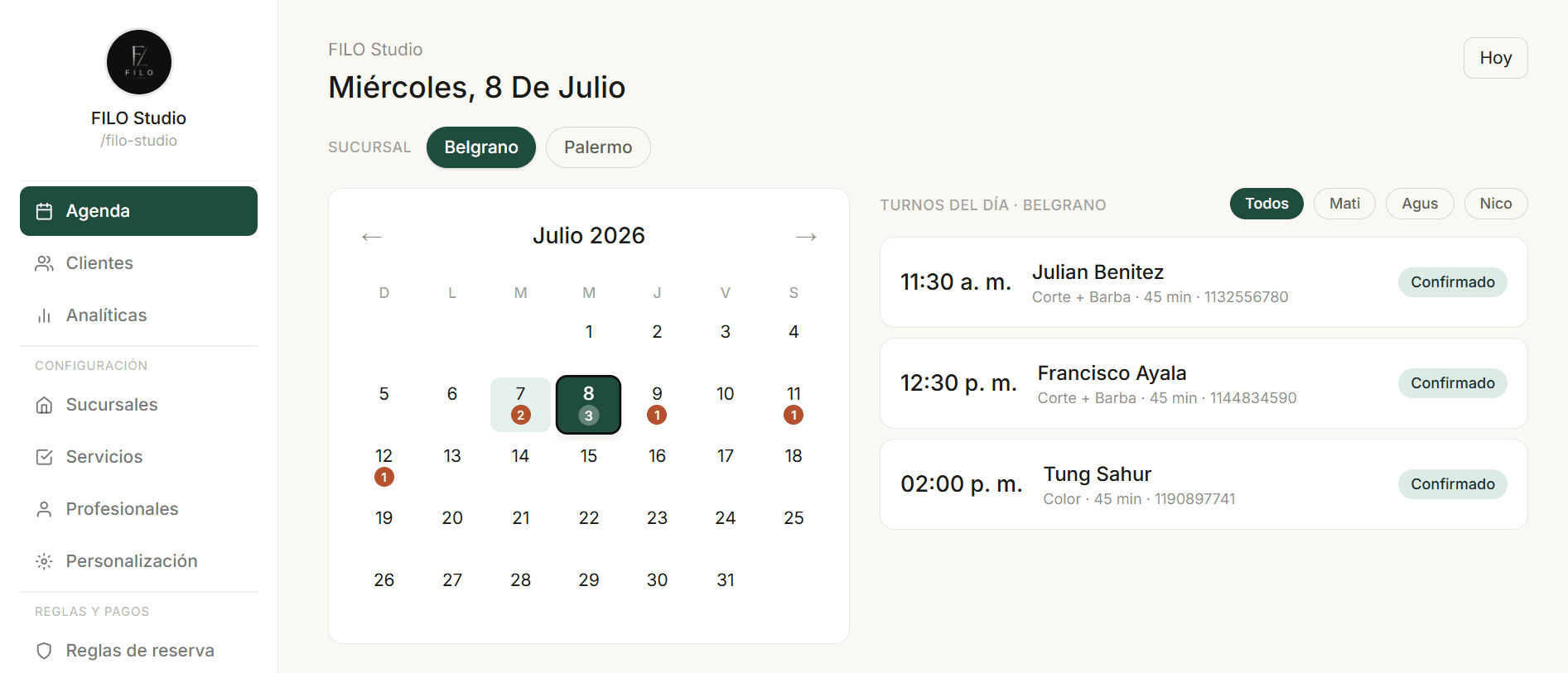 Agenda del día en Reservit